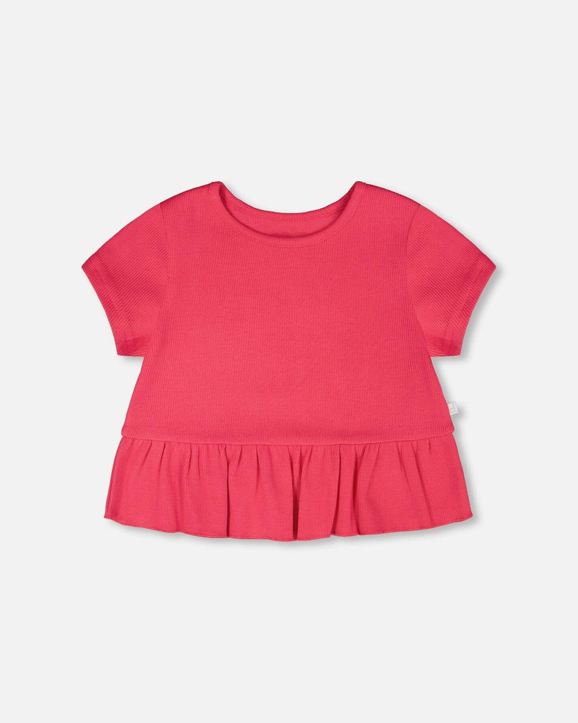 Rib Crop T-Shirt With Frill Pink