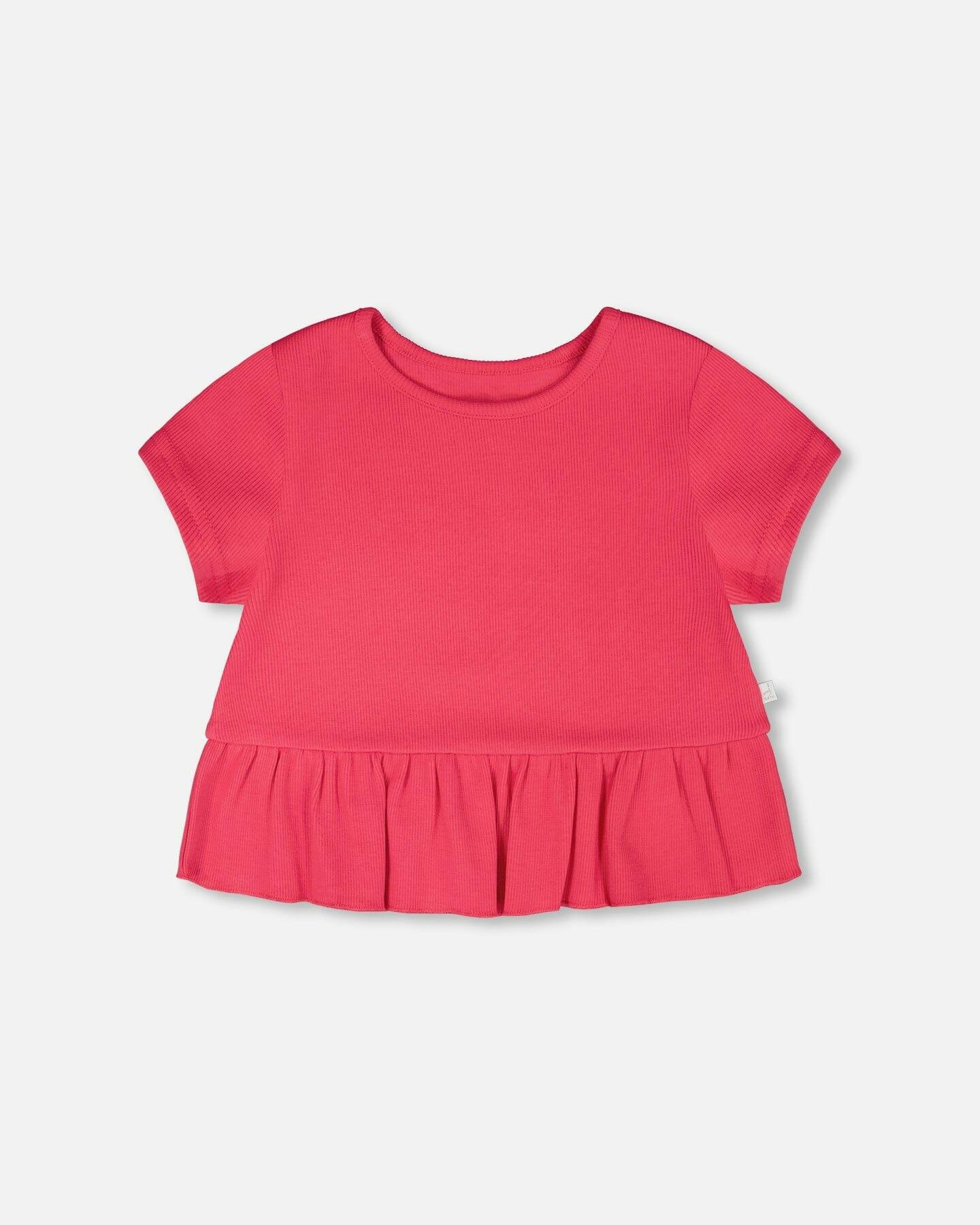 Rib Crop T-Shirt With Frill Pink