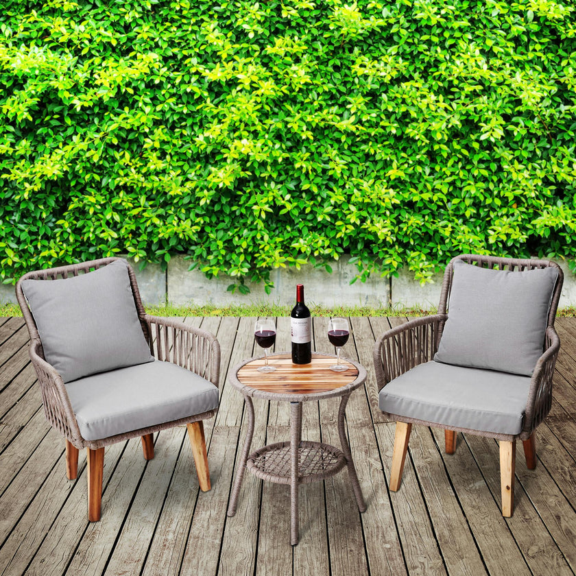 Indoor/Outdoor 3 Piece Wicker Bistro Table And Chairs Patio Seating Set