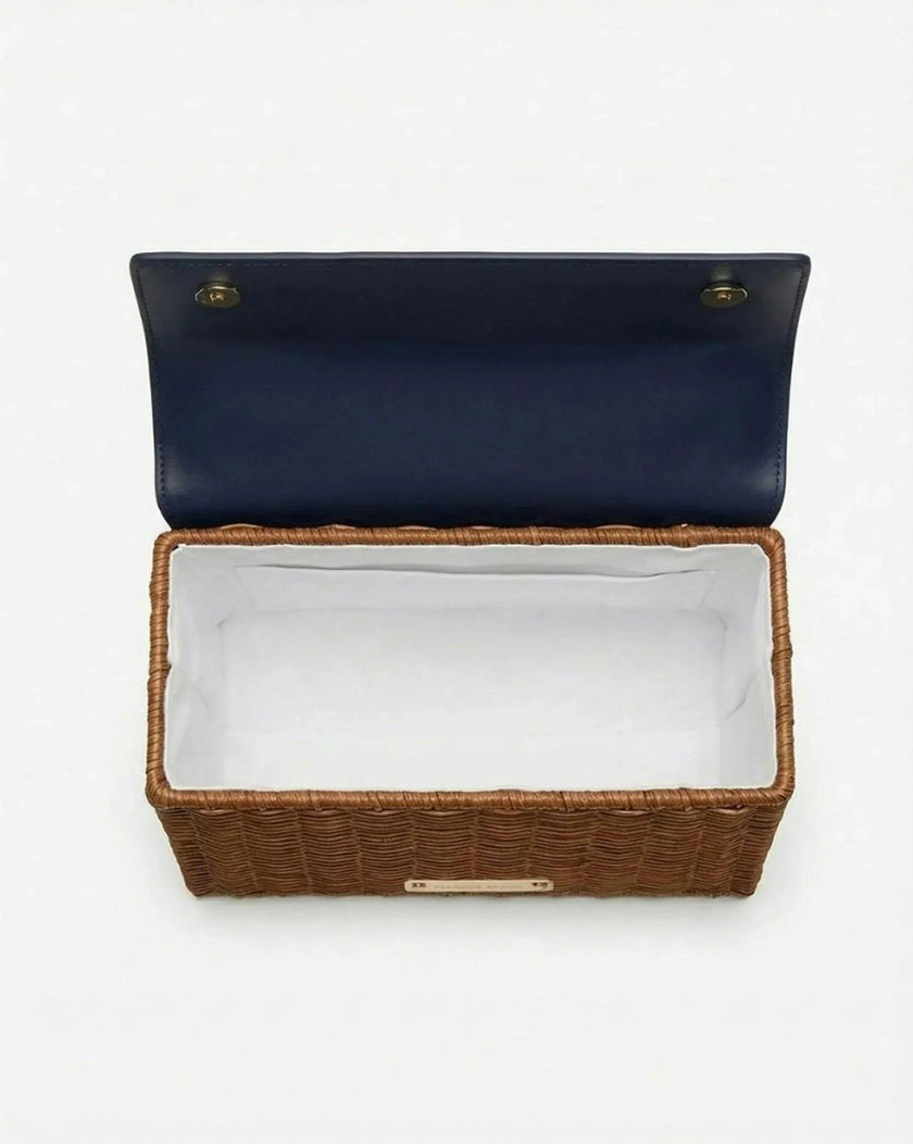 Medium Insulated Hand-Woven Wicker Lunchbox, Natural & Navy