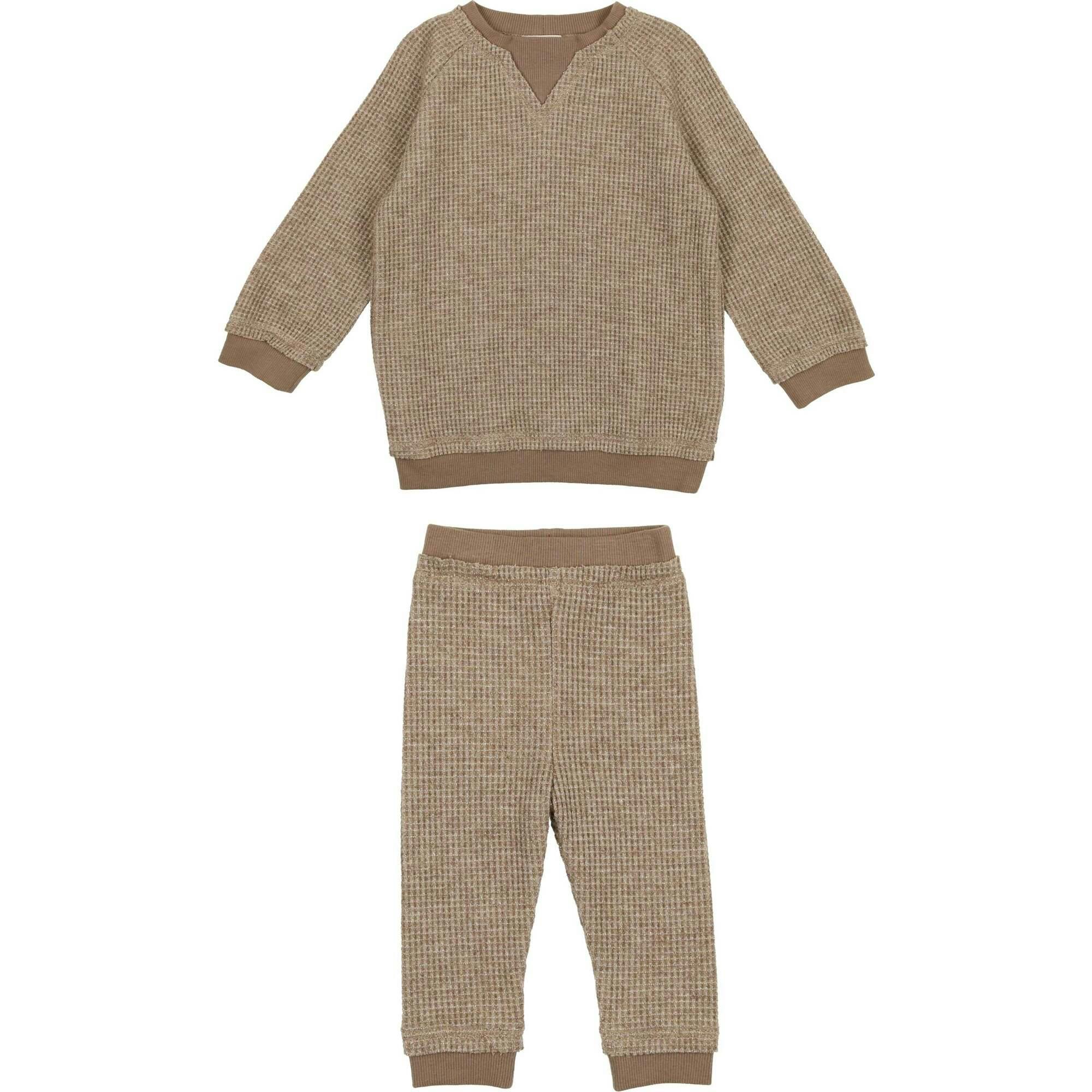 Waffle Knit Ribbed Trim Sweater & Pant Sparkle Set