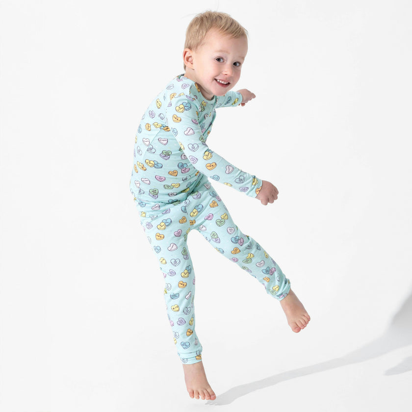 Candy Hearts Blue Bamboo Kids Pajamas