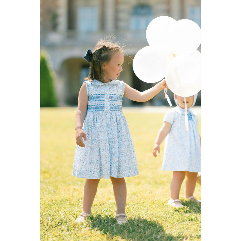 Olympe Blue Floral Sleeveless Smocked Dress