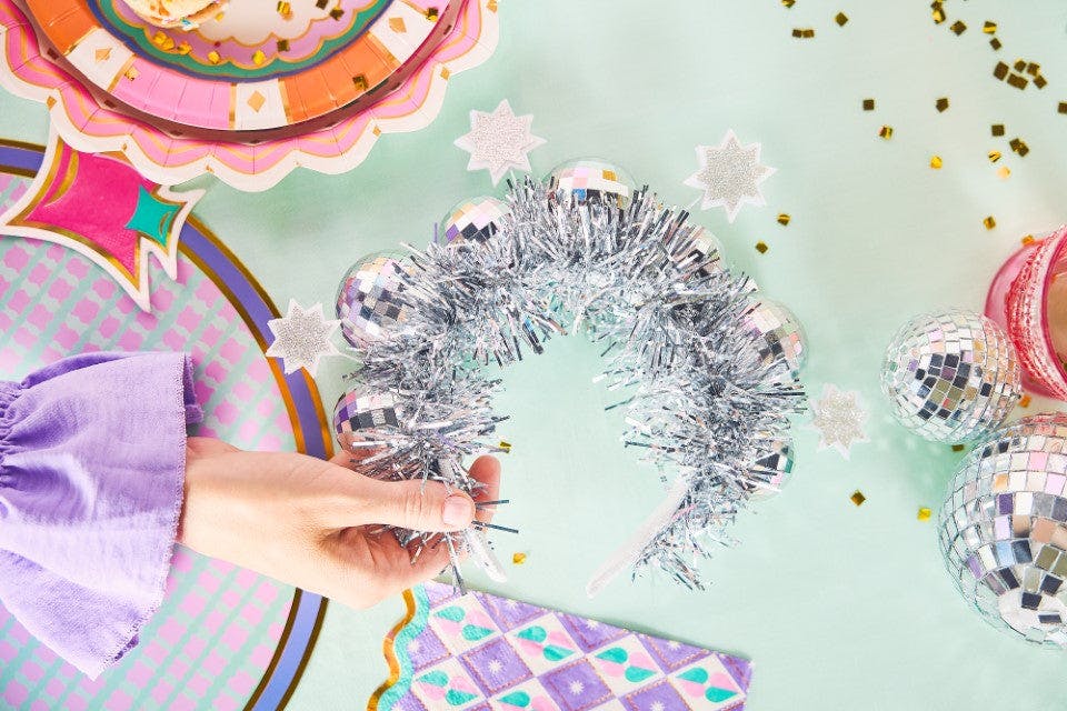 Packed Party Disco Ball Novelty Headband - Silver Tinsel Satin Headband with Multi-Size Disco Balls and Silver Glitter Stars, One Size Fits All