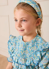 Leontyne Floral Scalloped Smocked Detail Short Sleeve Blouse in Blue Made with Liberty Fabric (2- 10yrs)