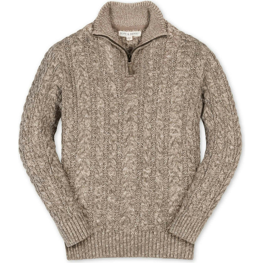 Organic Long Sleeve Half Zip Cable Pullover Sweater, Brown