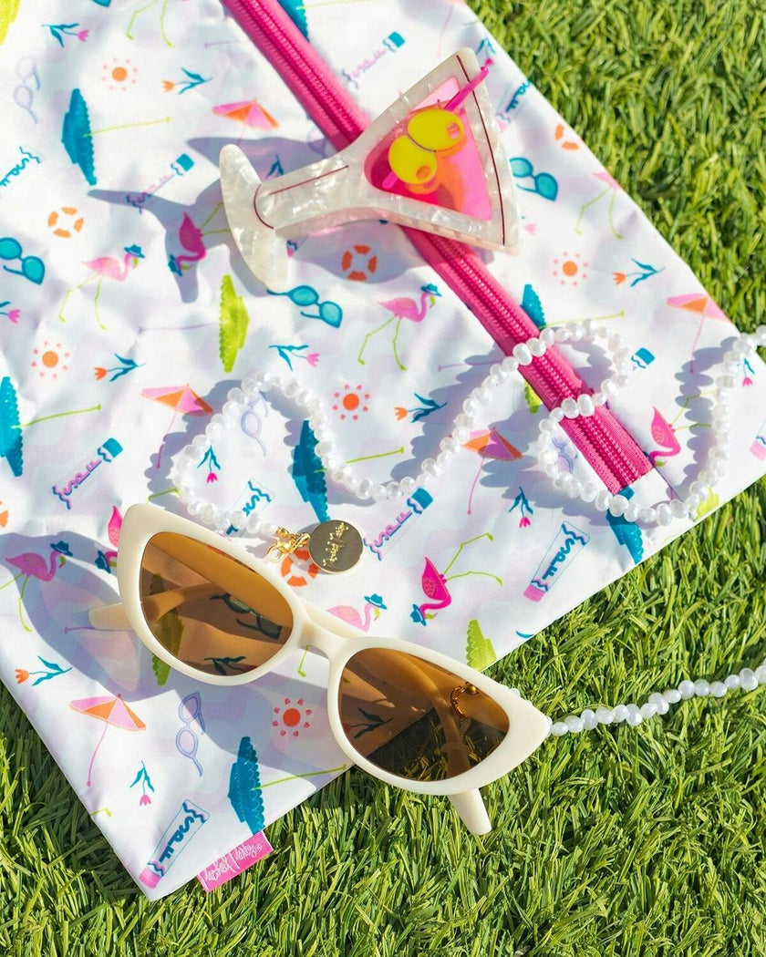 Packed Party Sunny Daze Cat Eye Sunglasses and Pearl Shell Chain Set – White Cat Eye with Freshwater Pearl Chain, 1.75x5.75 Inch Sunglasses with 31.5 Inch Chain