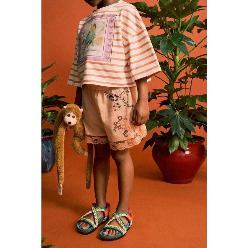 BIRDS EMBROIDERED SHORTS PEACH