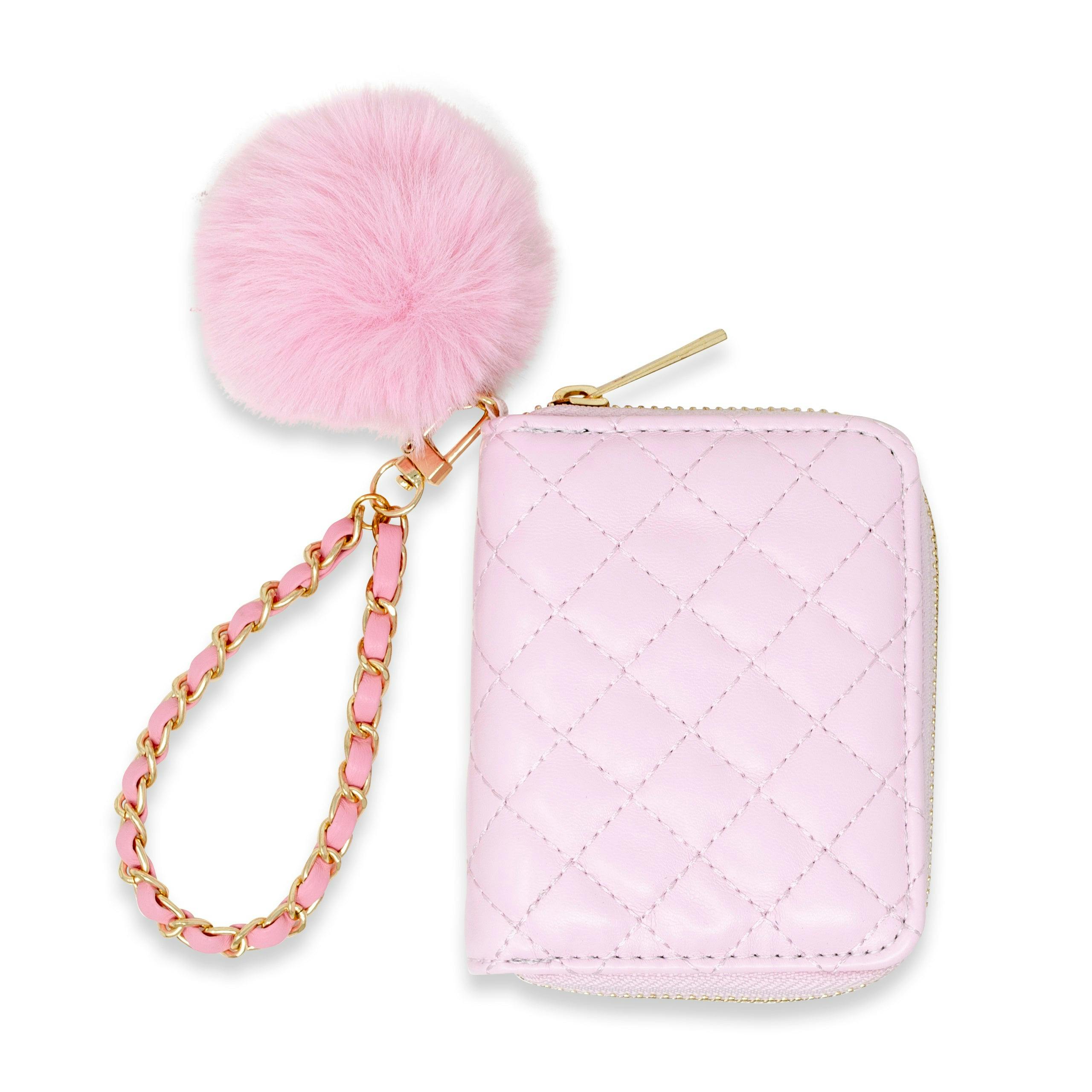 Quilted Wallet with Pom-Pom & Chain Strap