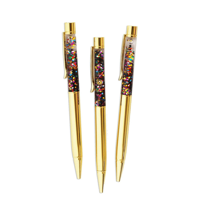 Packed Party To the Point Confetti Floating Ballpoint Pens Set of 3 - Refillable Retractable Gold Pens with Floating Confetti Tops and Smooth Black Ink