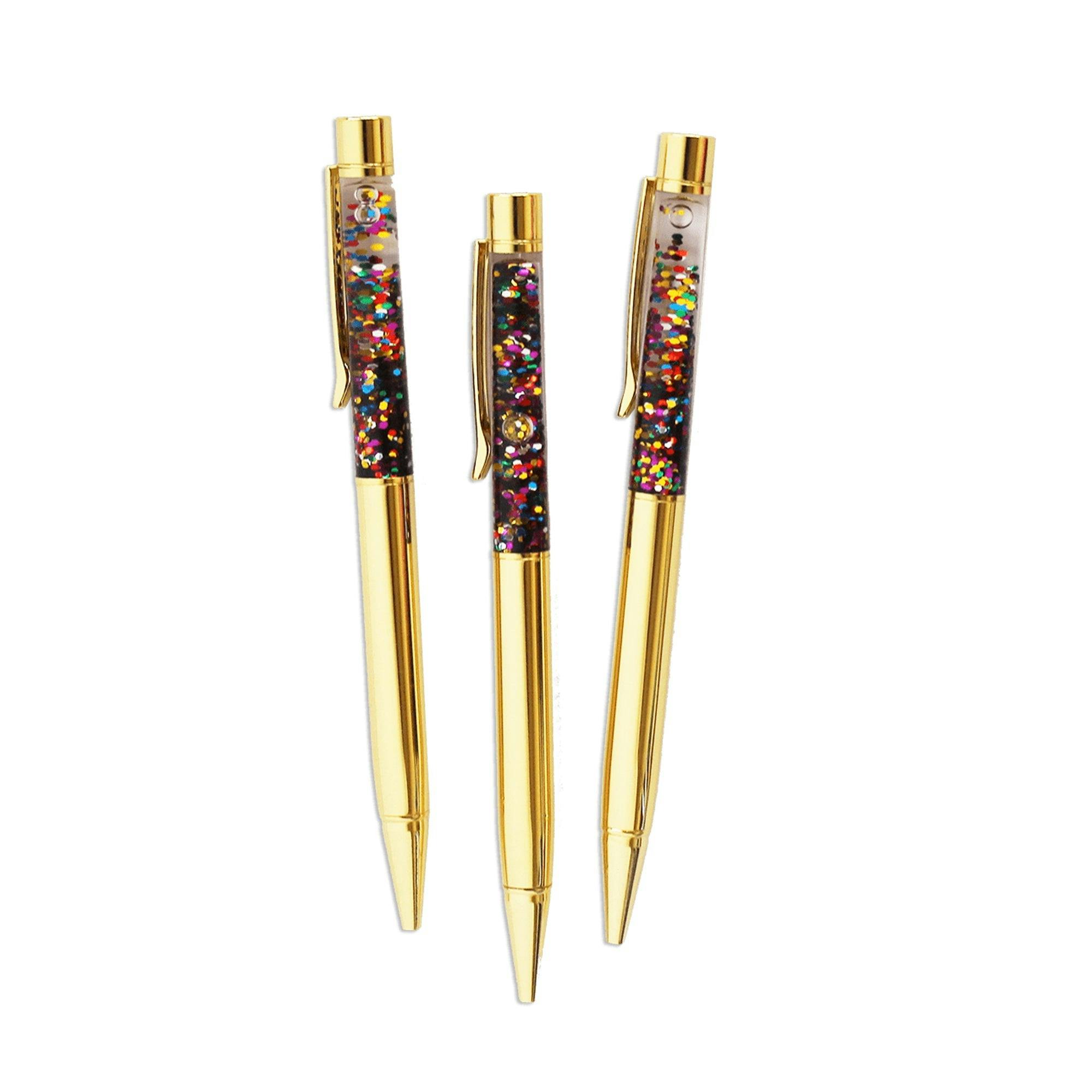 Packed Party To the Point Confetti Floating Ballpoint Pens Set of 3 - Refillable Retractable Gold Pens with Floating Confetti Tops and Smooth Black Ink