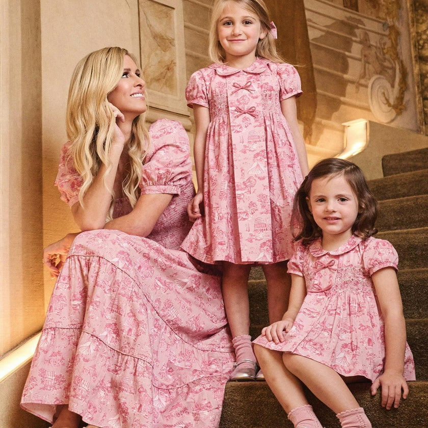 Nicky Hilton x La Coqueta Pink Toile de Jouy Theodora Girl Hand-Smocked Dress