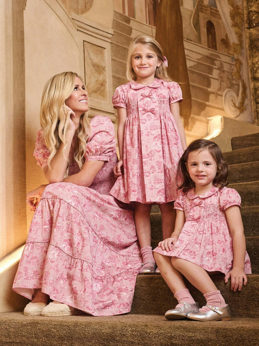 Nicky Hilton x La Coqueta Pink Toile de Jouy Theodora Girl Hand-Smocked Dress