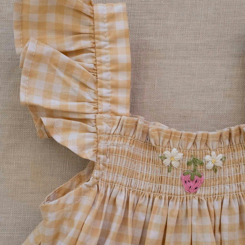 Smock Flutter Dress in Yellow Gingham/Strawberry