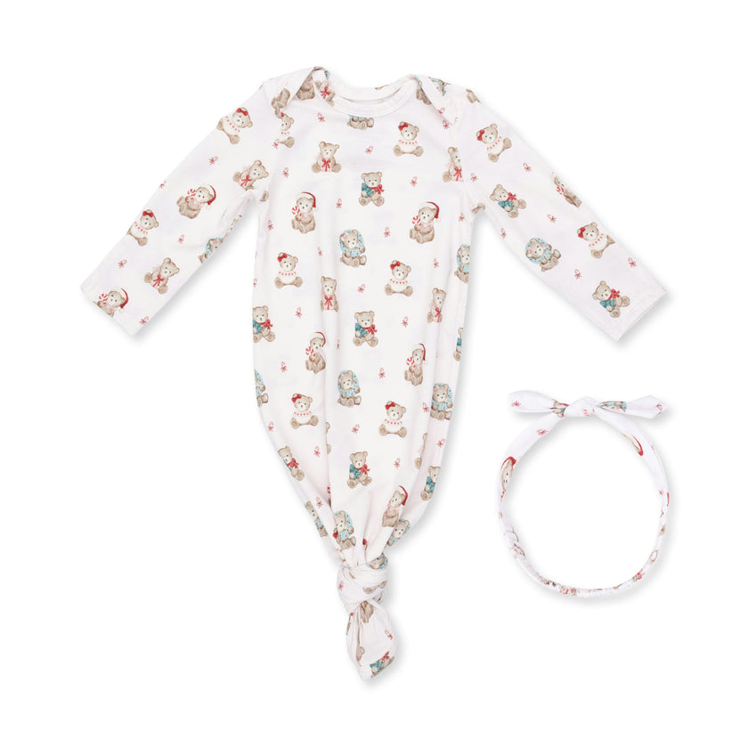 Christmas Teddy Bears Pink - Knotted Gown and Knotted Headband