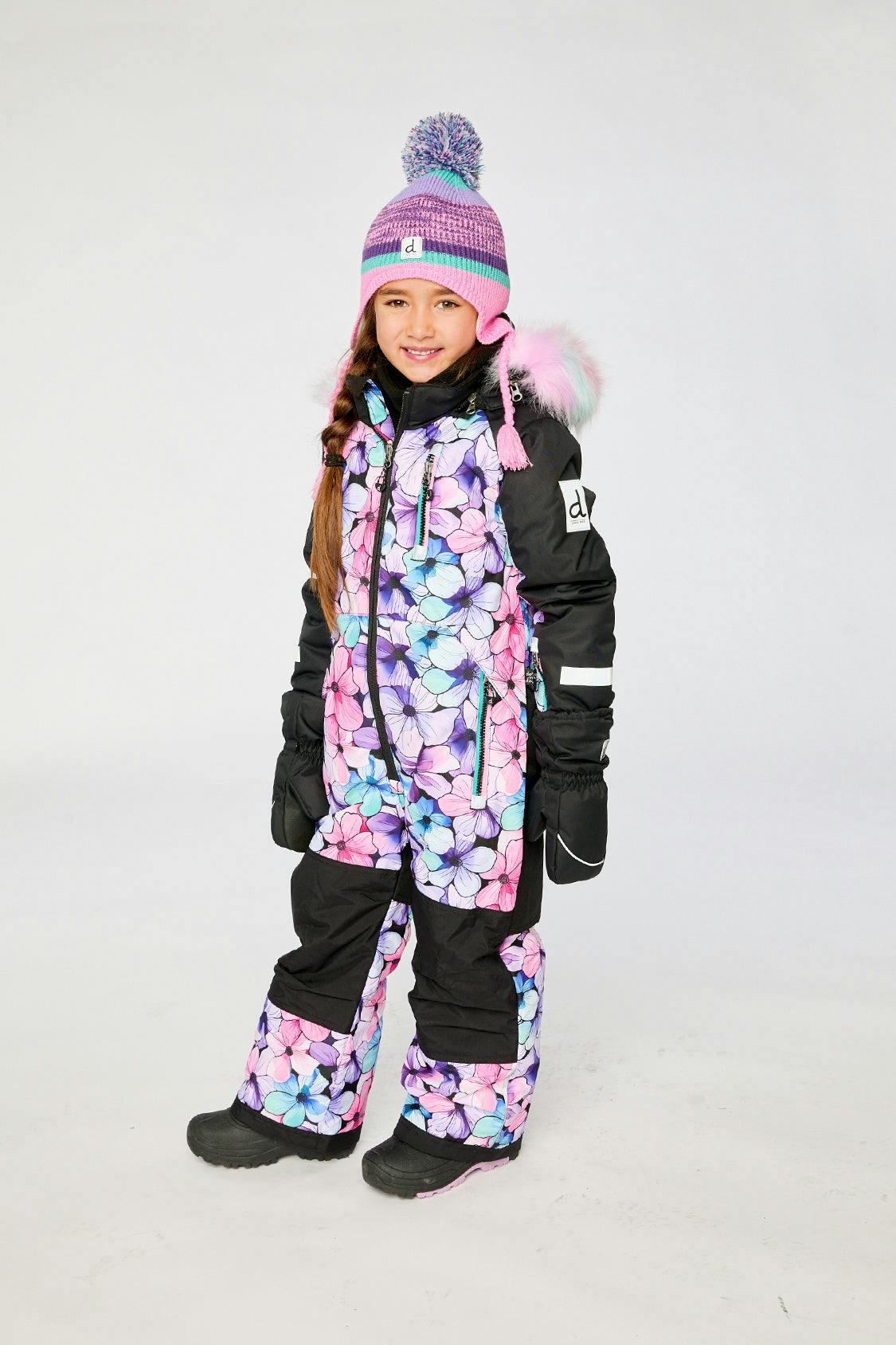 Kids One Piece Play Snowsuit Purple Floral Print