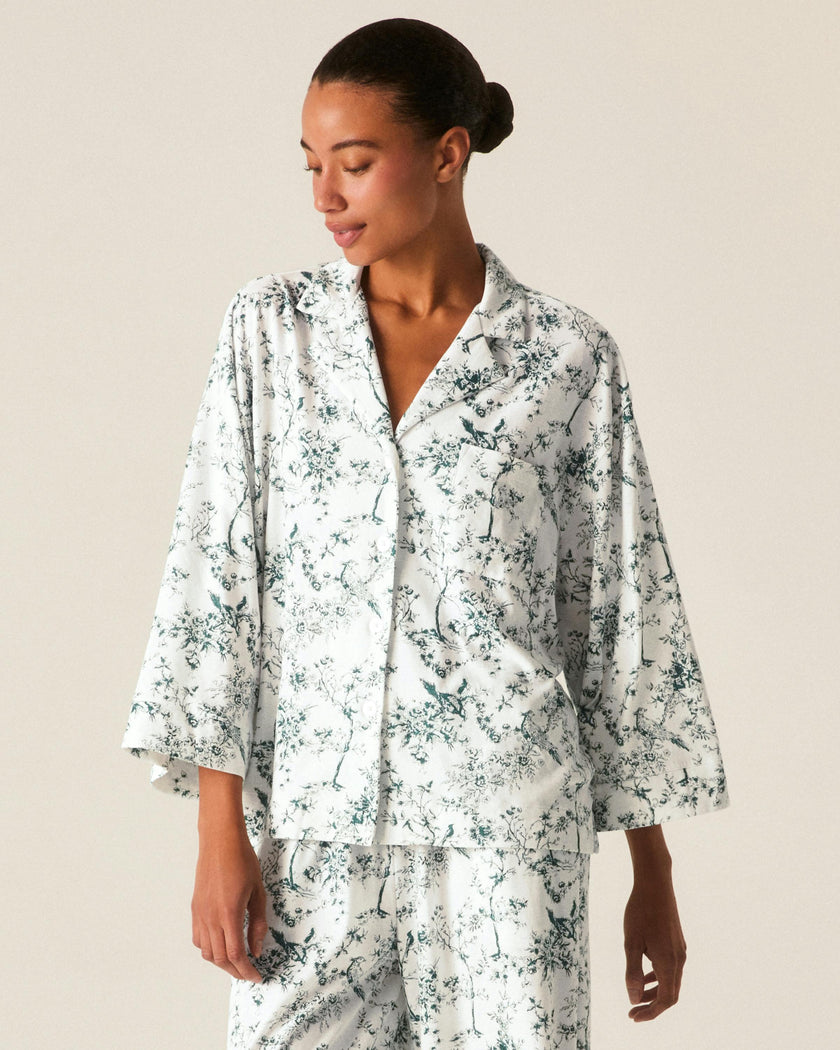 The Olivia Wide Leg Pima Pajama Set in Evergreen Timeless Toile