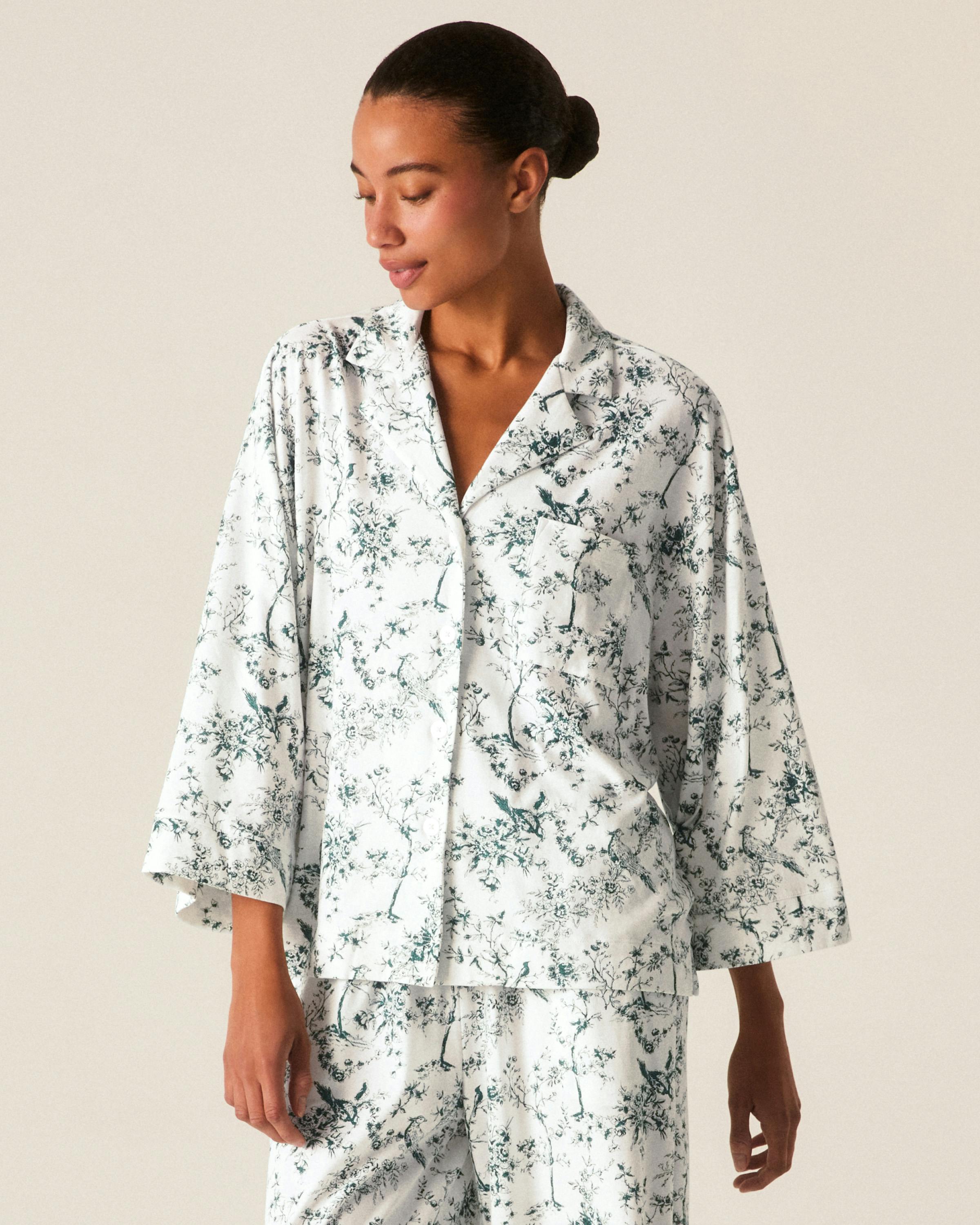 The Olivia Wide Leg Pima Pajama Set in Evergreen Timeless Toile