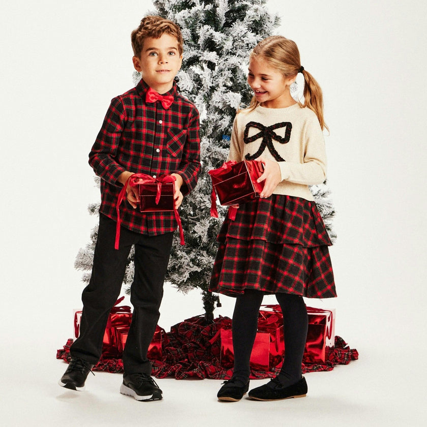 Girls Holiday Sweater Dress | Plaid Bow