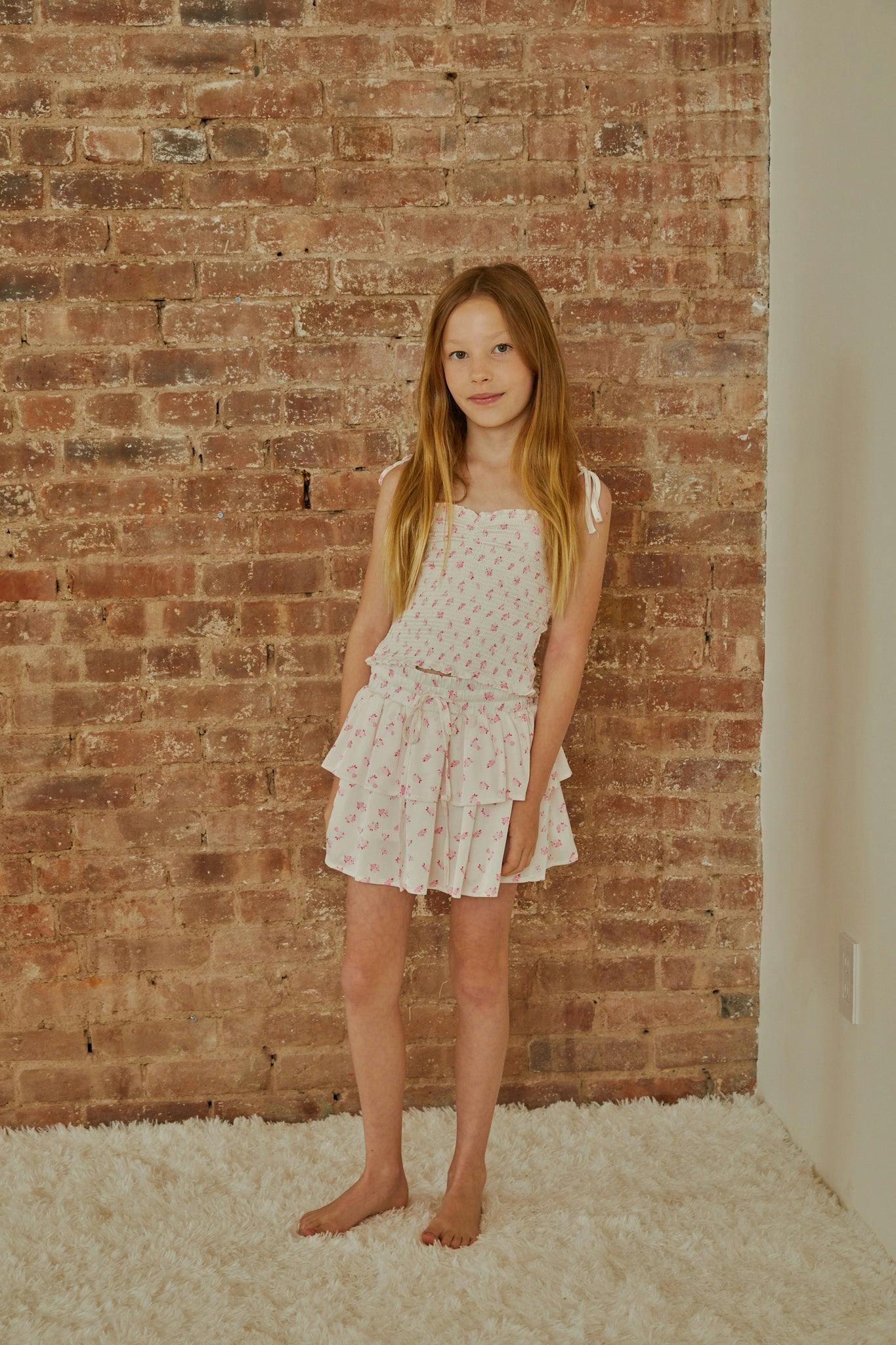 Georgia White With Pastel Pink Ditsy Satin Smocked Top