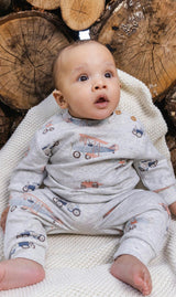 Organic Cotton Pants And Top Set Beige Printed Airplanes