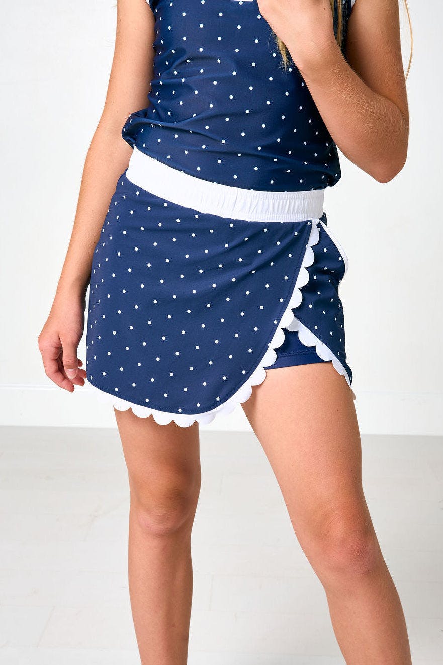 navy/white polka dot scalloped skort
