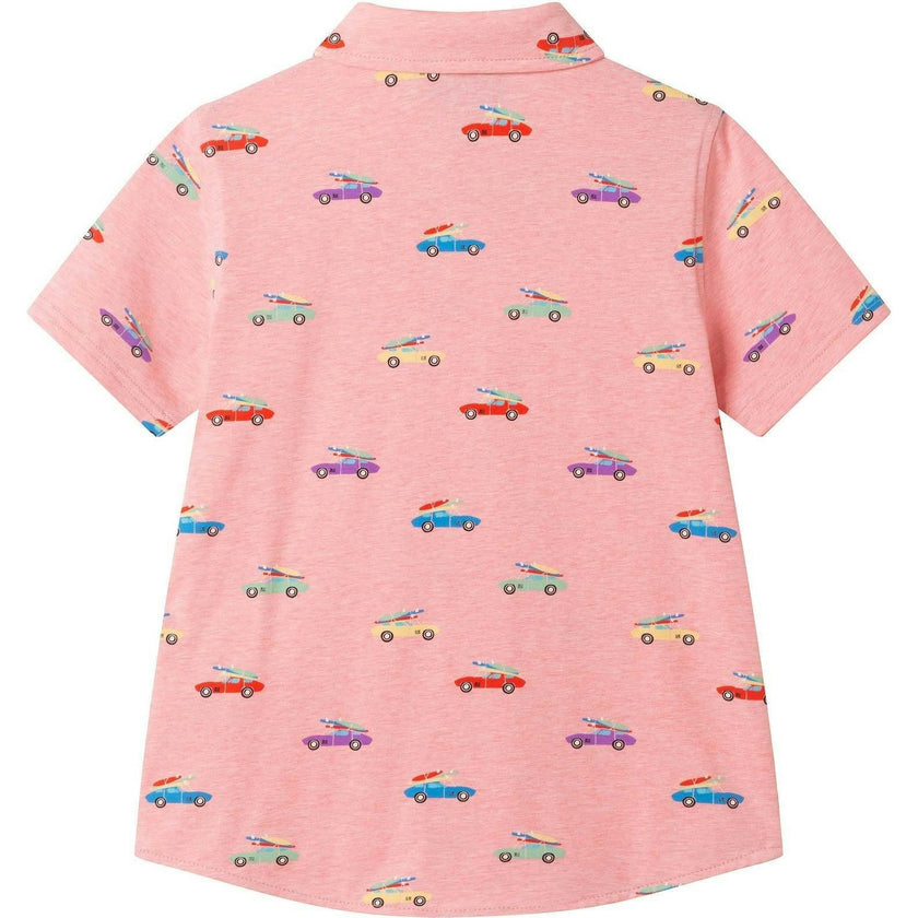 Boys Blue Printed Knit Buttondown | Orange Cars