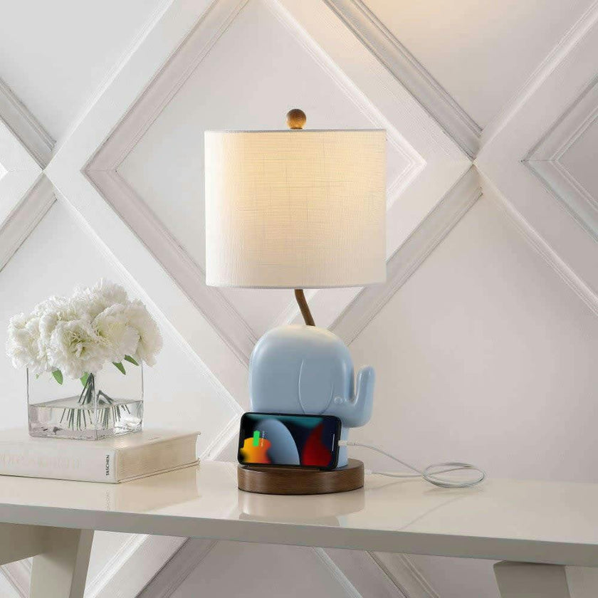 Ellie Bohemian Designer Iron/Resin Elephant LED Kids Table Lamp with Phone Stand and USB Charging Port