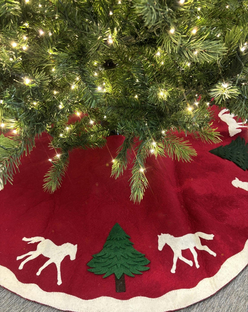 Handmade Dogs and Horses Red Christmas Tree Skirt Hand Felted Wool 60"