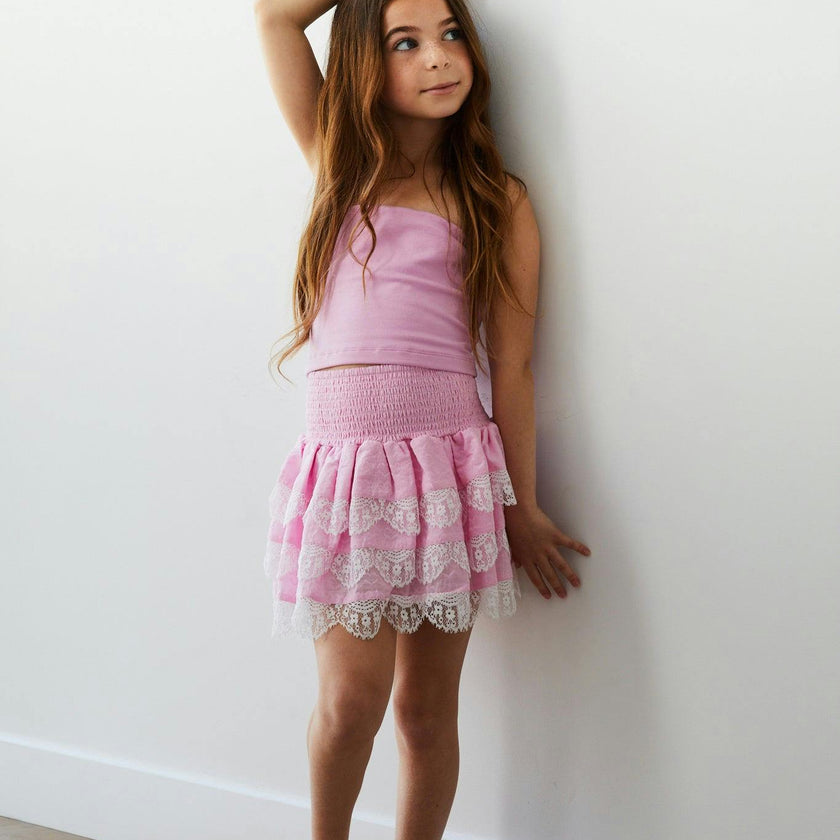 Gemma Pink Heart Smocked Ruffle Mini Skirt