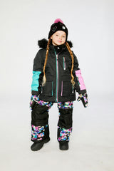 Two Piece Play Snowsuit Black, Blue And Pink Colorblock With Heart Print Pants