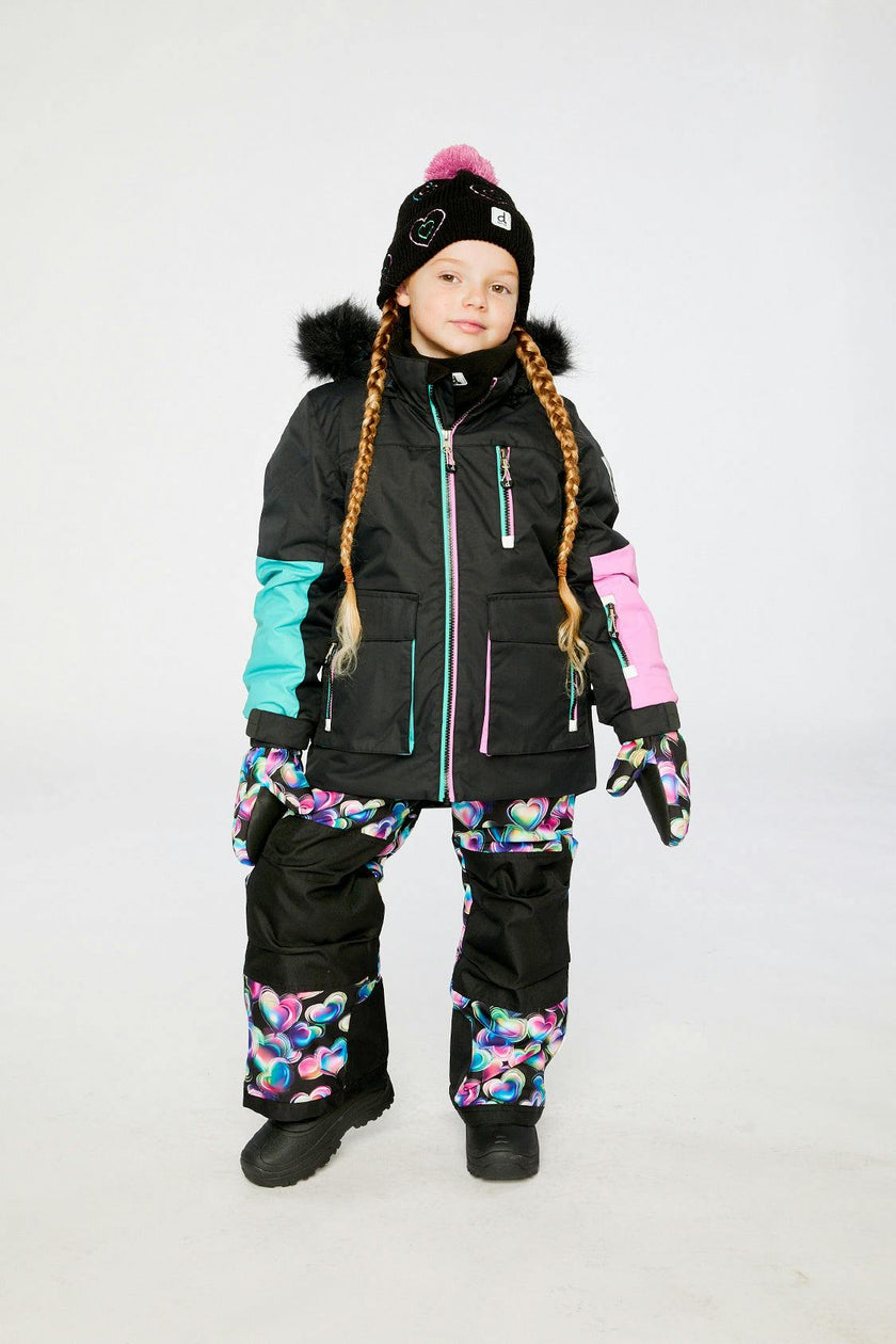 Two Piece Play Snowsuit Black, Blue And Pink Colorblock With Heart Print Pants