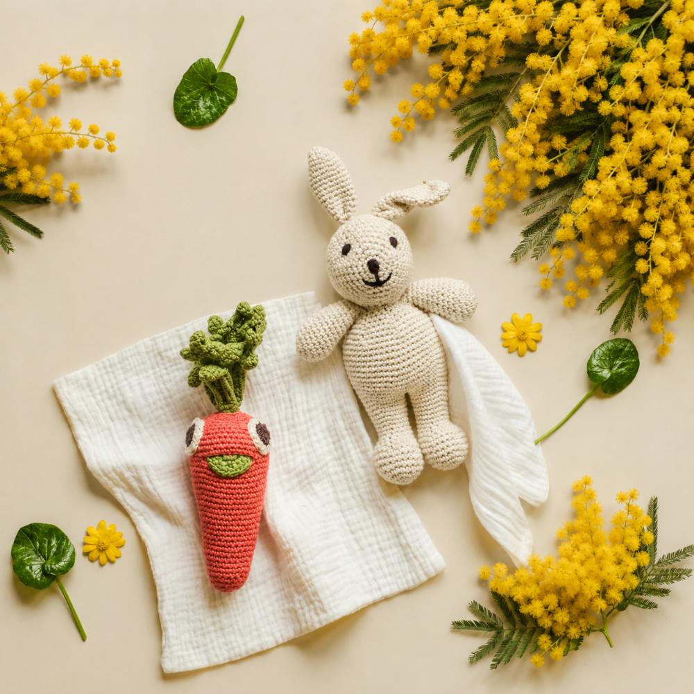Gift Box Rabbit & Carrot 🥕🐰 100% organic cotton crochet rattle and lovey plush