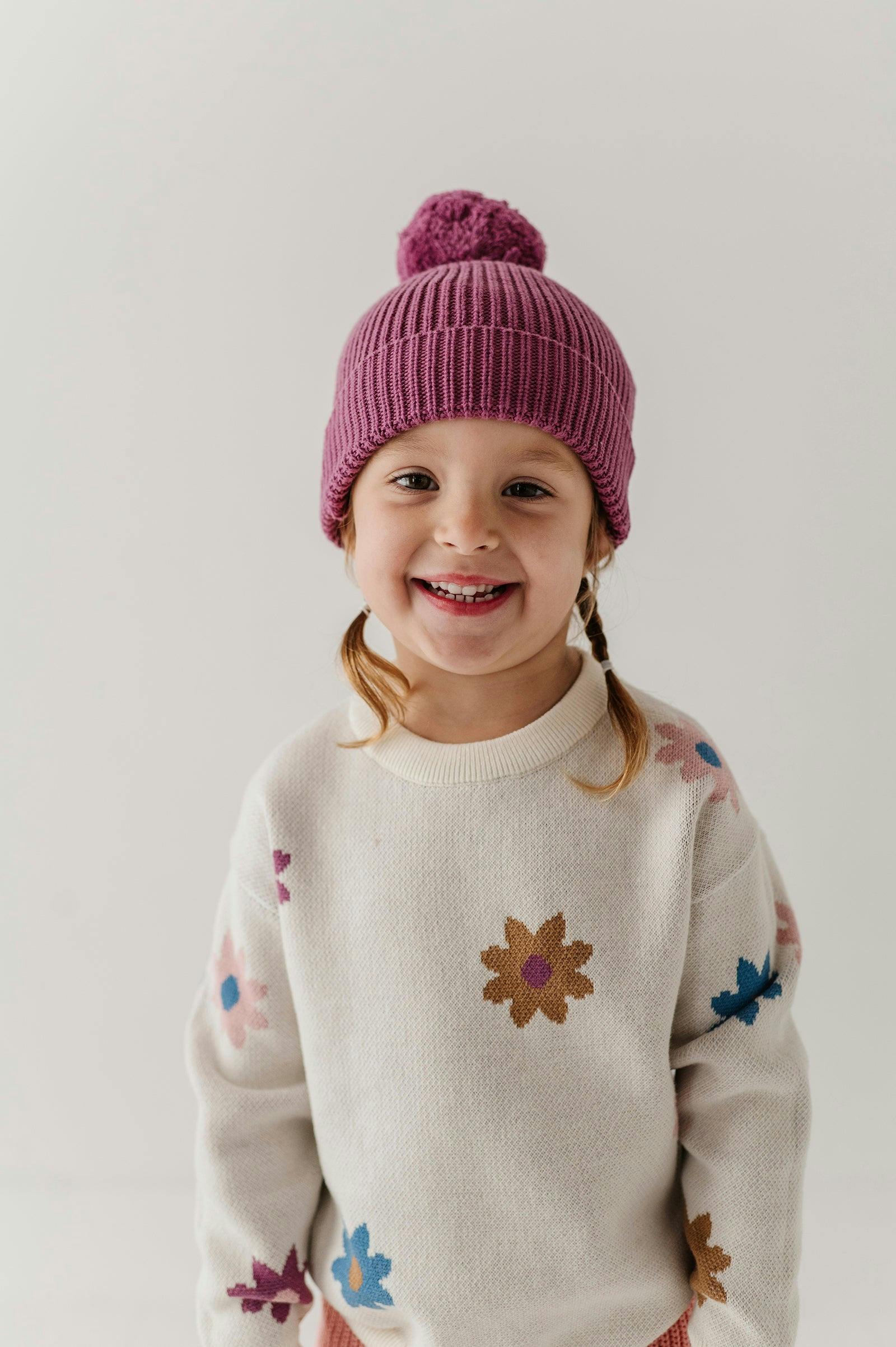 Knit Pom Hat in Vintage Plum