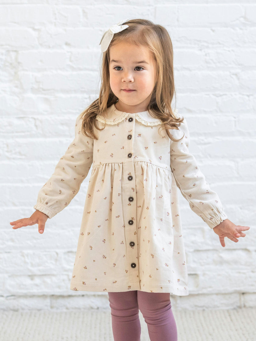 Ginny Fine Corduroy Peter Pan Collar Dress - Tilda Floral Ivory