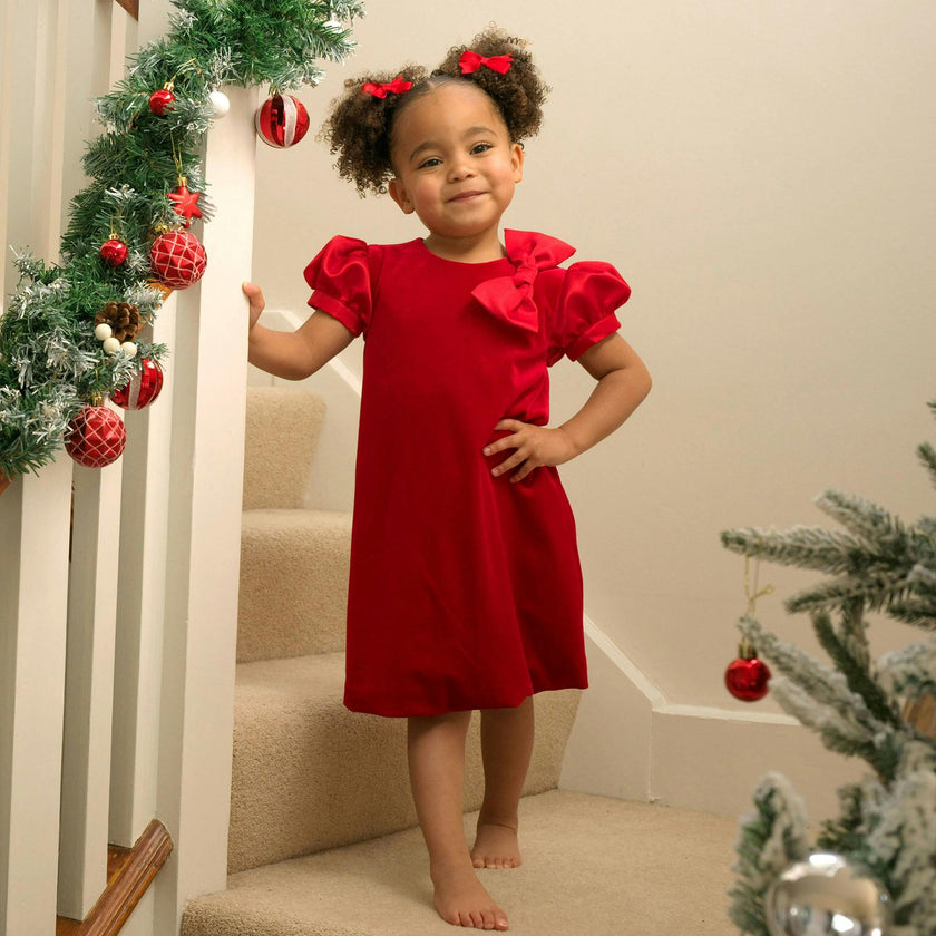 Red Satin Bow Velvet Dress