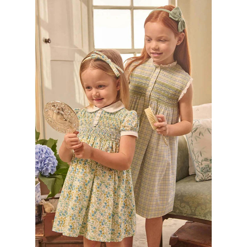 Louisa Floral Hand Smocked Short Sleeve Dress in Blue (18mths- 10yrs)