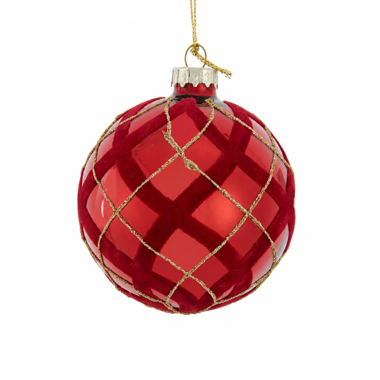 Kurt Adler 80MM Glass Flocked Red With Gold Glittered Design Ball Ornaments, 6-Piece Set