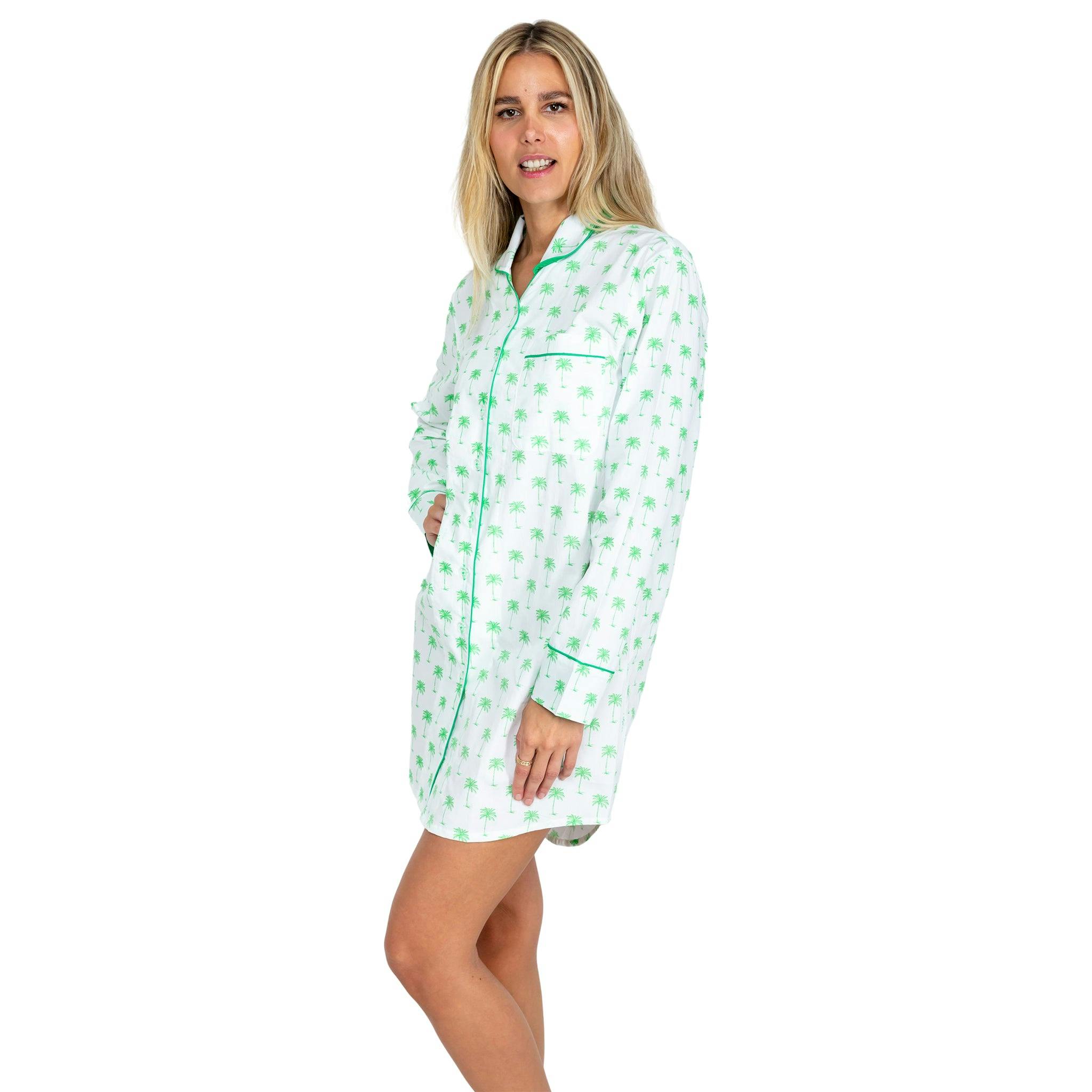 Women's Green Palm Tree Night Shirt - Organic Cotton Poplin