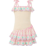 Alanna Shirred Embroidered Mini Dress