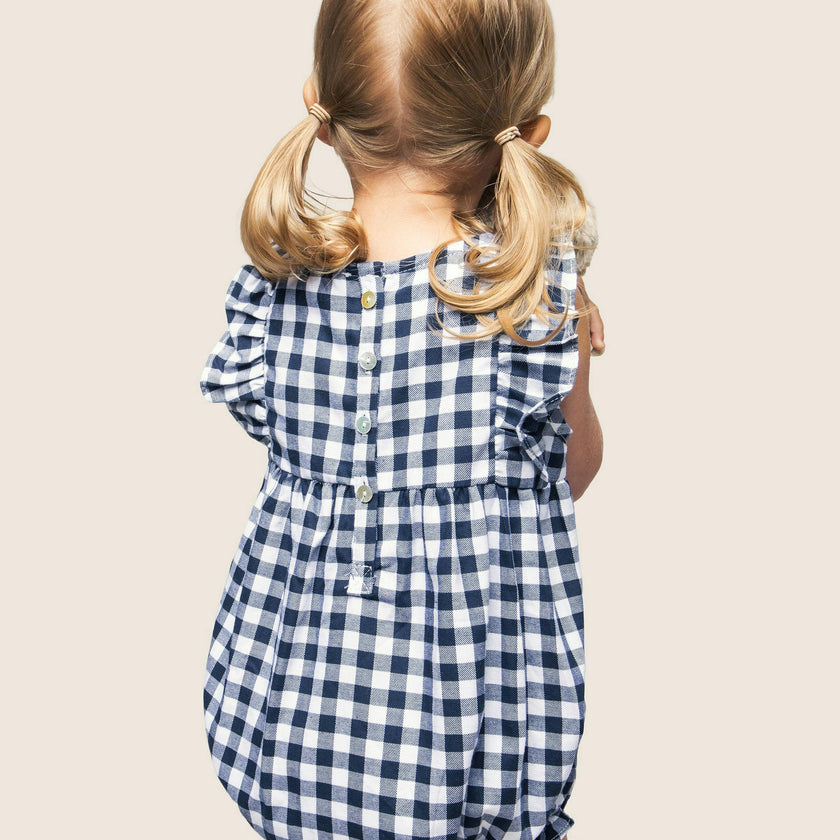 Baby's Twill Ruffled Romper in Navy Gingham