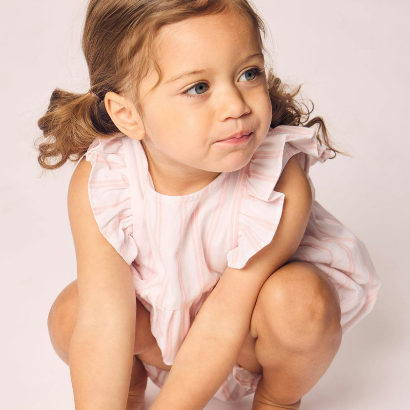 Baby's Twill Stripe Ruffled Romper in Pink and White Stripe