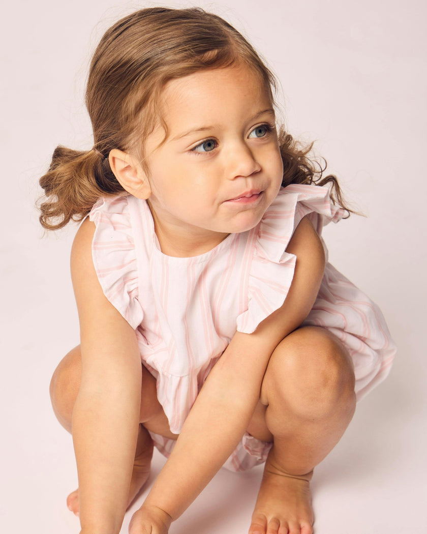 Baby's Twill Stripe Ruffled Romper in Pink and White Stripe