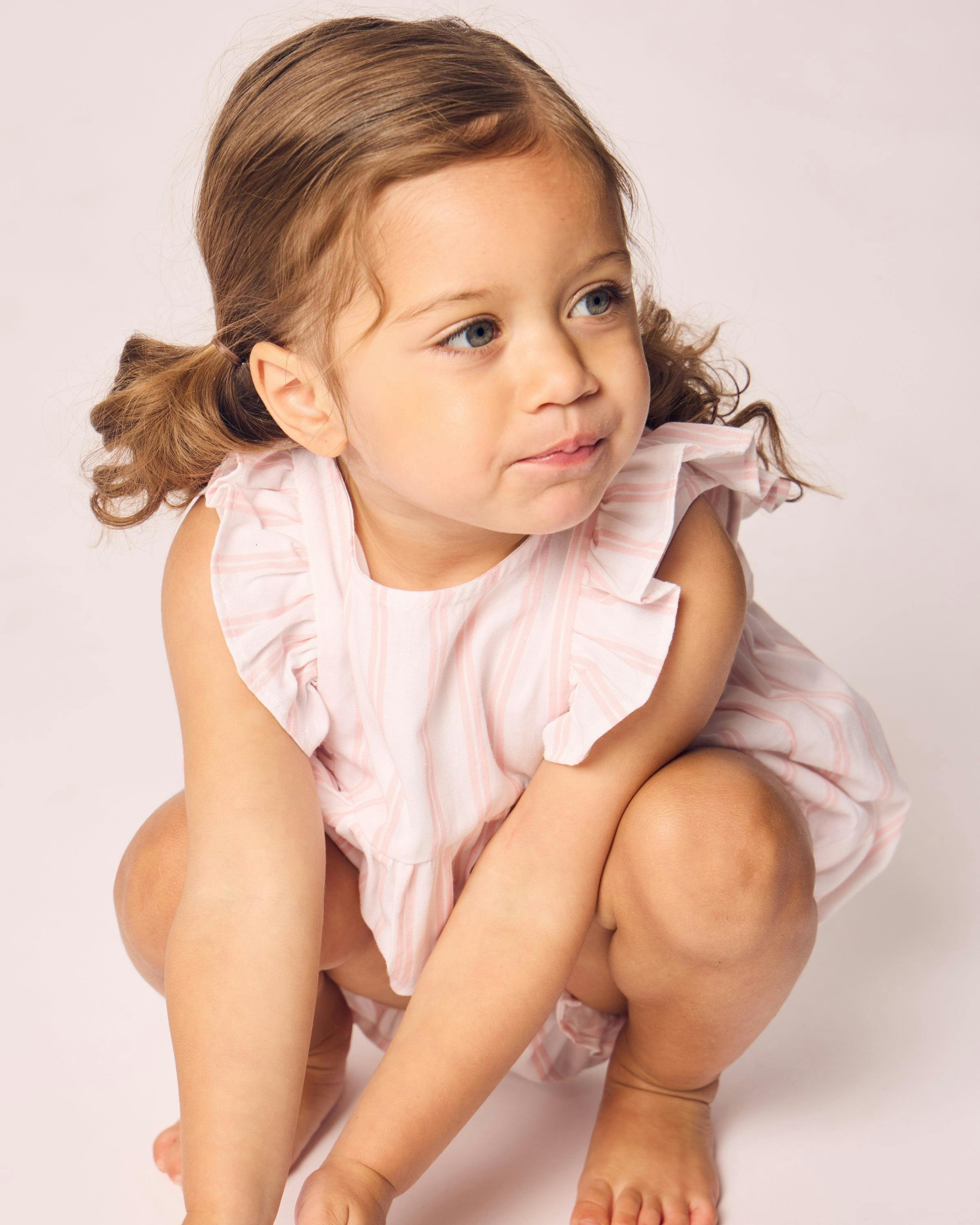 Baby's Twill Stripe Ruffled Romper in Pink and White Stripe