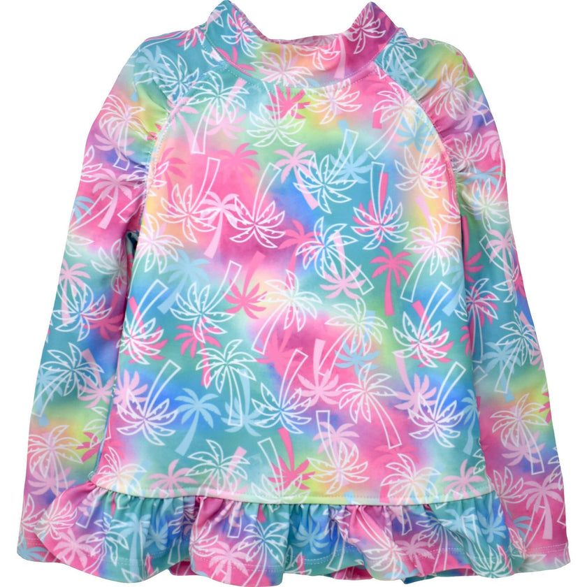 UPF 50+ Ruffle Rash Guard | Pink Tropical Palms