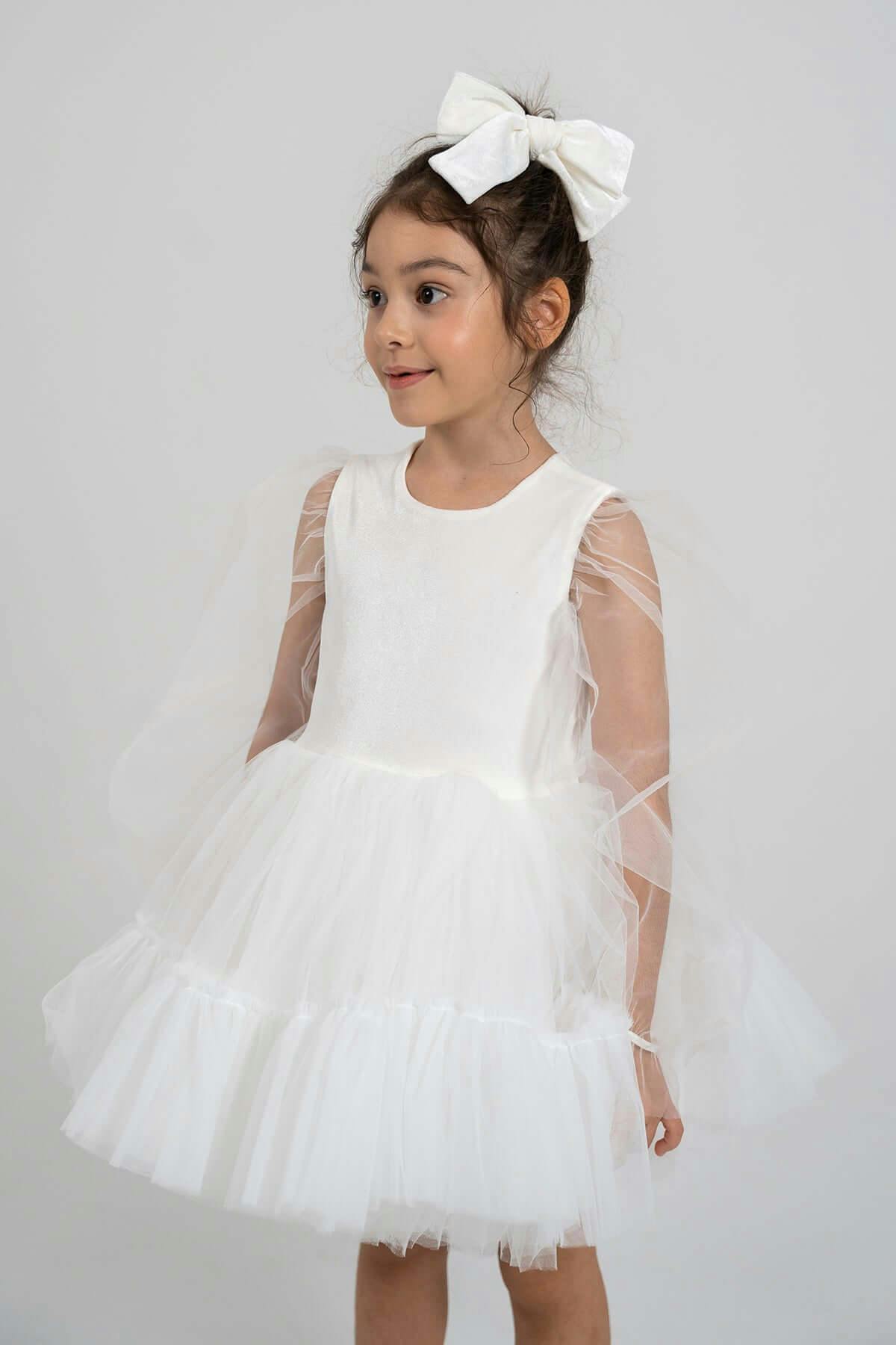 Kids' Grace Balloon Sleeve Velvet Tulle Dress in White