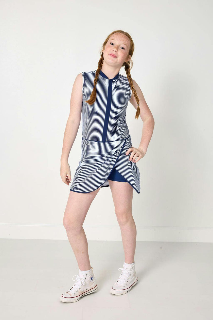 navy thin stripe court dress
