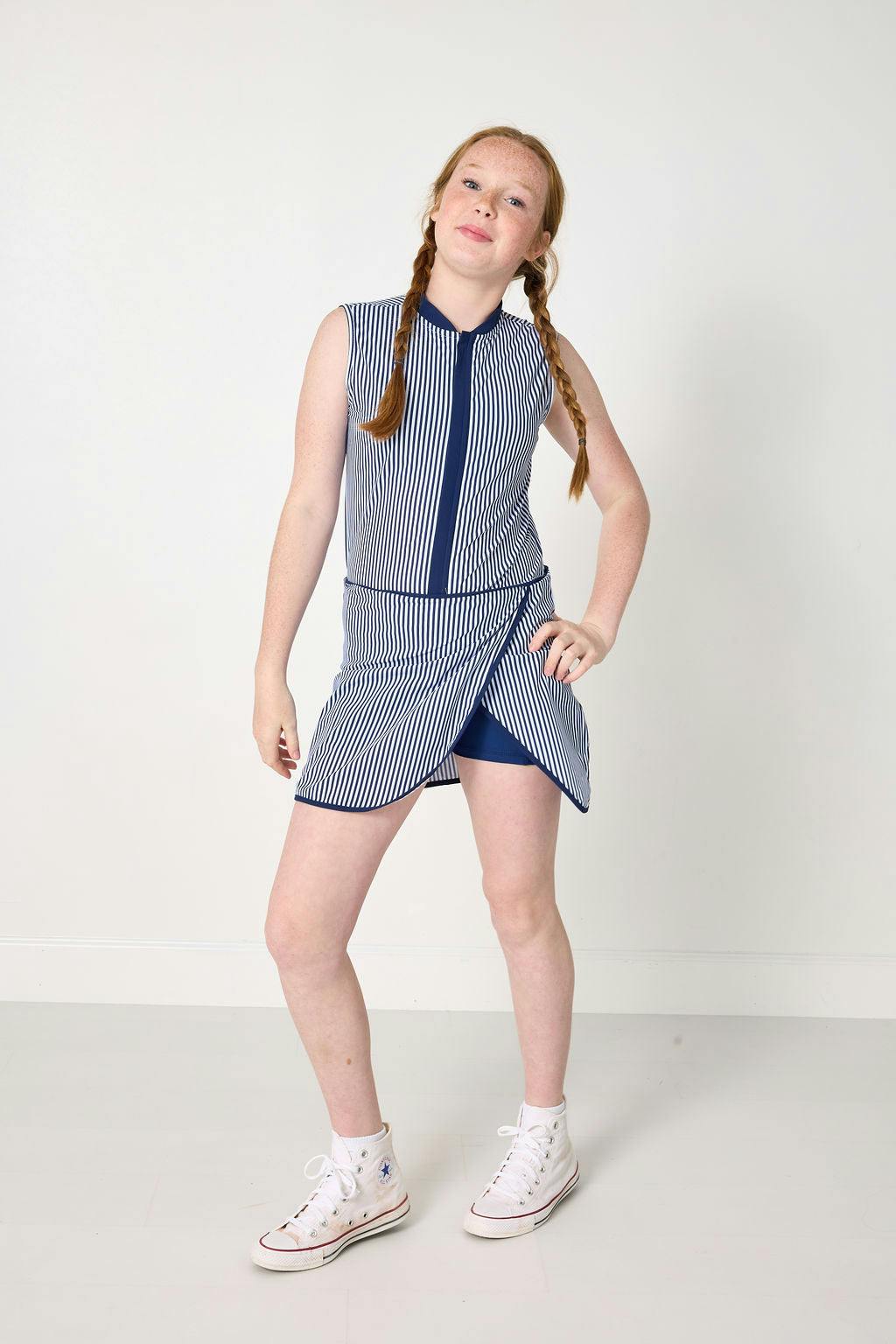 navy thin stripe court dress