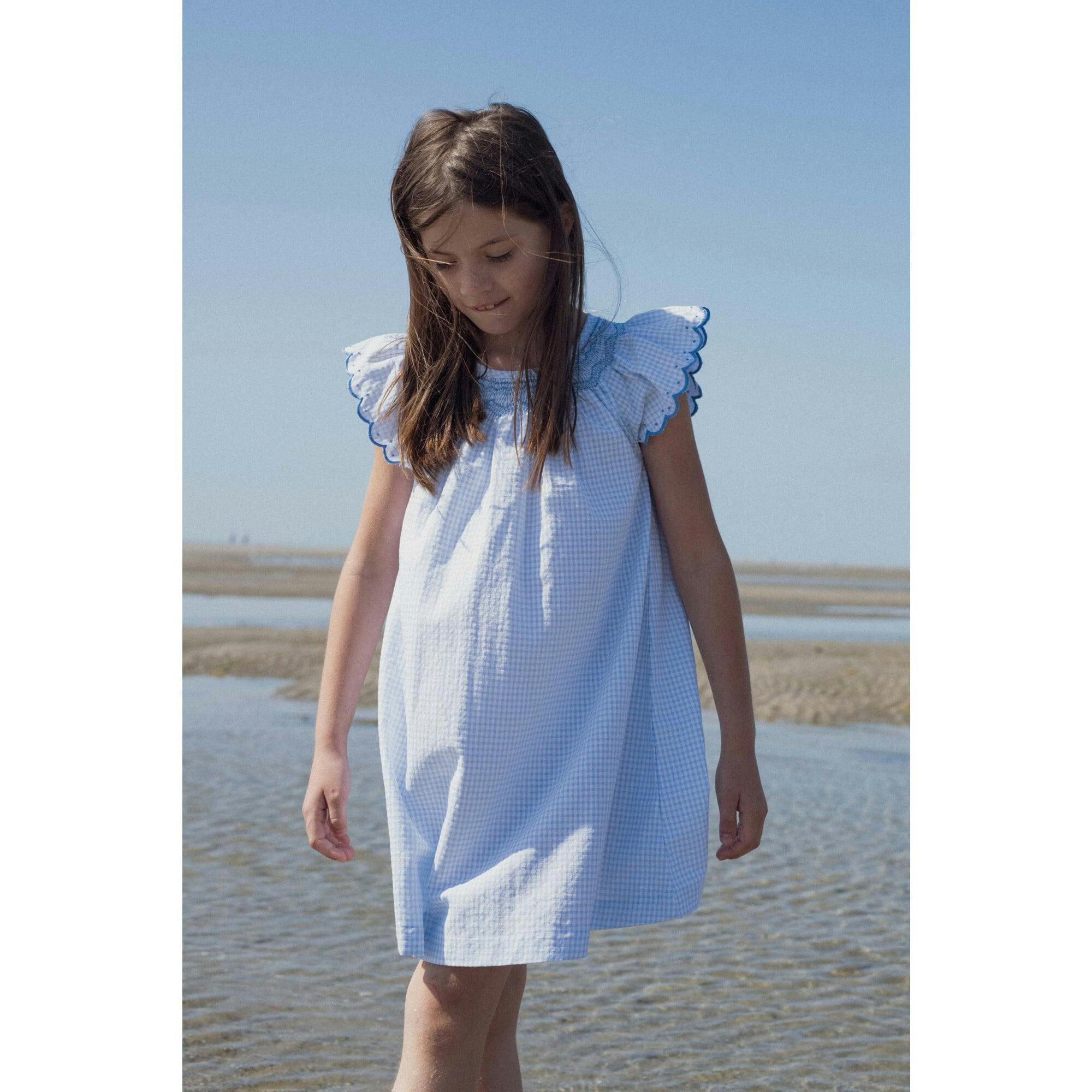Dress Stella Hand-Smocked In Blue Gingham, Blue