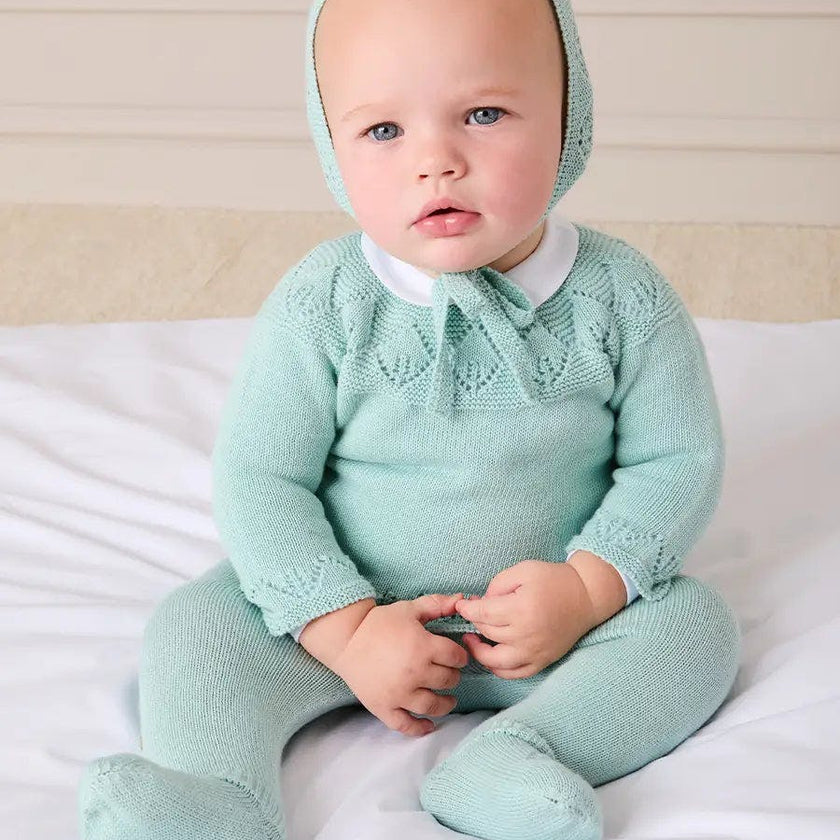 Diamond Openwork Three Piece Knitted Set in Sage Green (1-9mths)